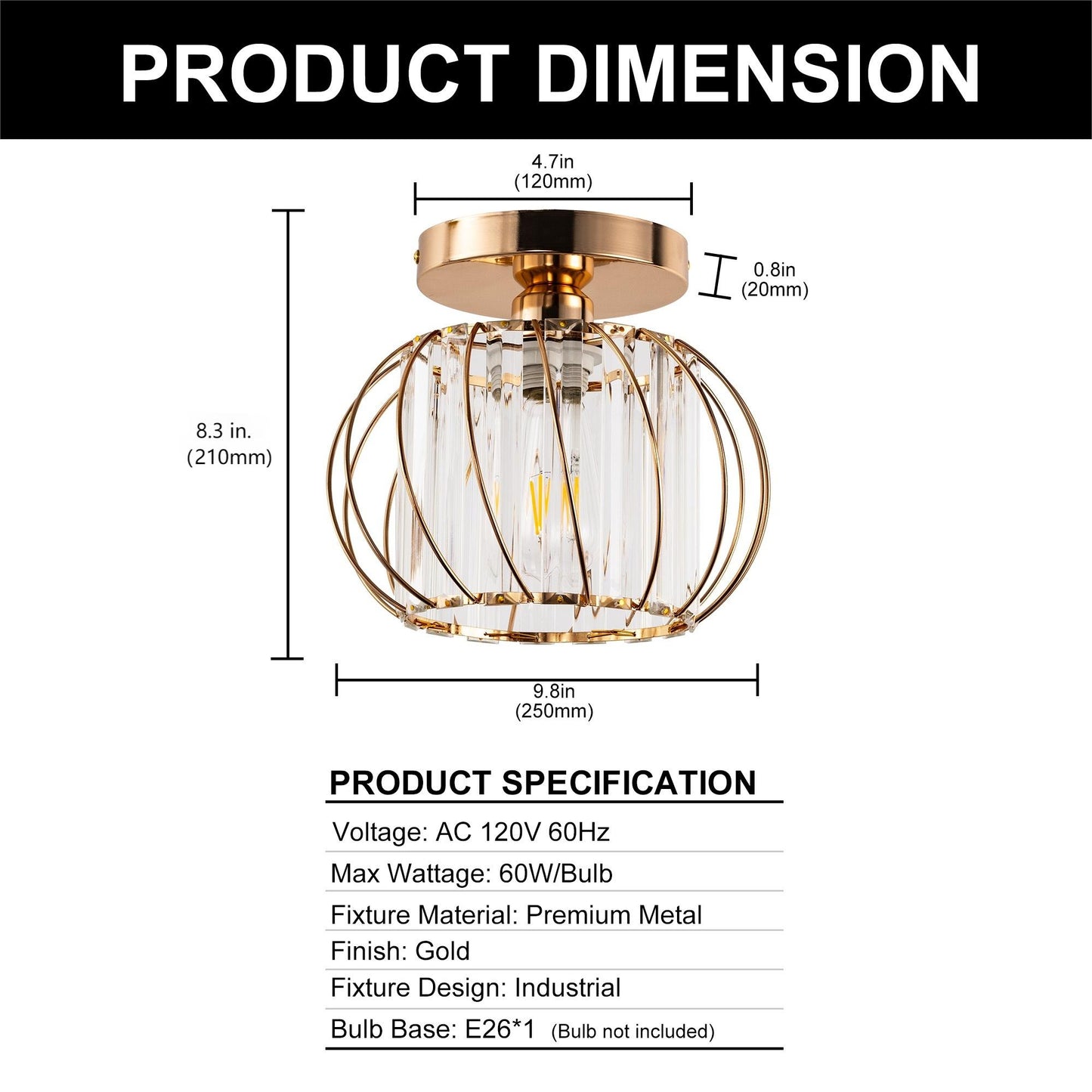 YANSUN Gold Semi Flush Mount Ceiling Light, Modern Single Light Fixture with Glass Shade, E26 Ceiling Lamp for Bedroom Kitchen Hallway Entryway