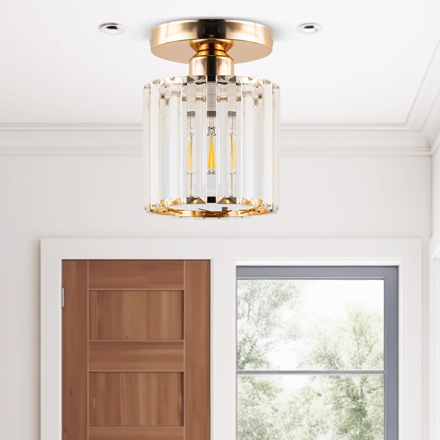 YANSUN 4.8 in. 1-Light Modern Gold Semi-Flush Mount with Crystal Shade (1-Pack)