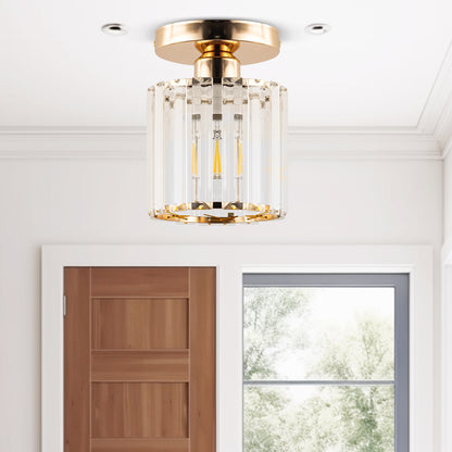 5 in.1-Light Gold Crystal Cylinder Semi Flush Mount Ceiling Light for Foyer Closet Entryway Kitchen Bedroom Dining Room