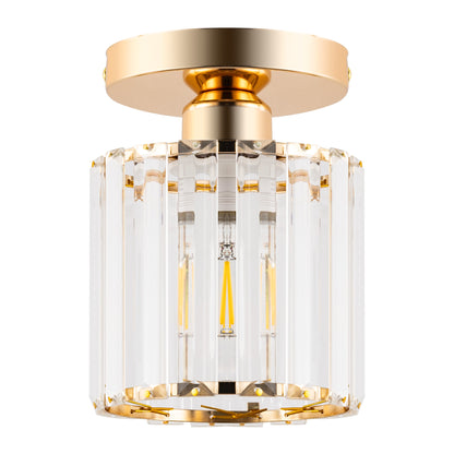 5 in.1-Light Gold Crystal Cylinder Semi Flush Mount Ceiling Light for Foyer Closet Entryway Kitchen Bedroom Dining Room