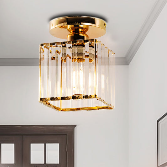5.5 in. 1-Light Gold Square Crystal Semi Flush Mount Ceiling Light for Foyer Closet Entryway Kitchen Bedroom Dining Room