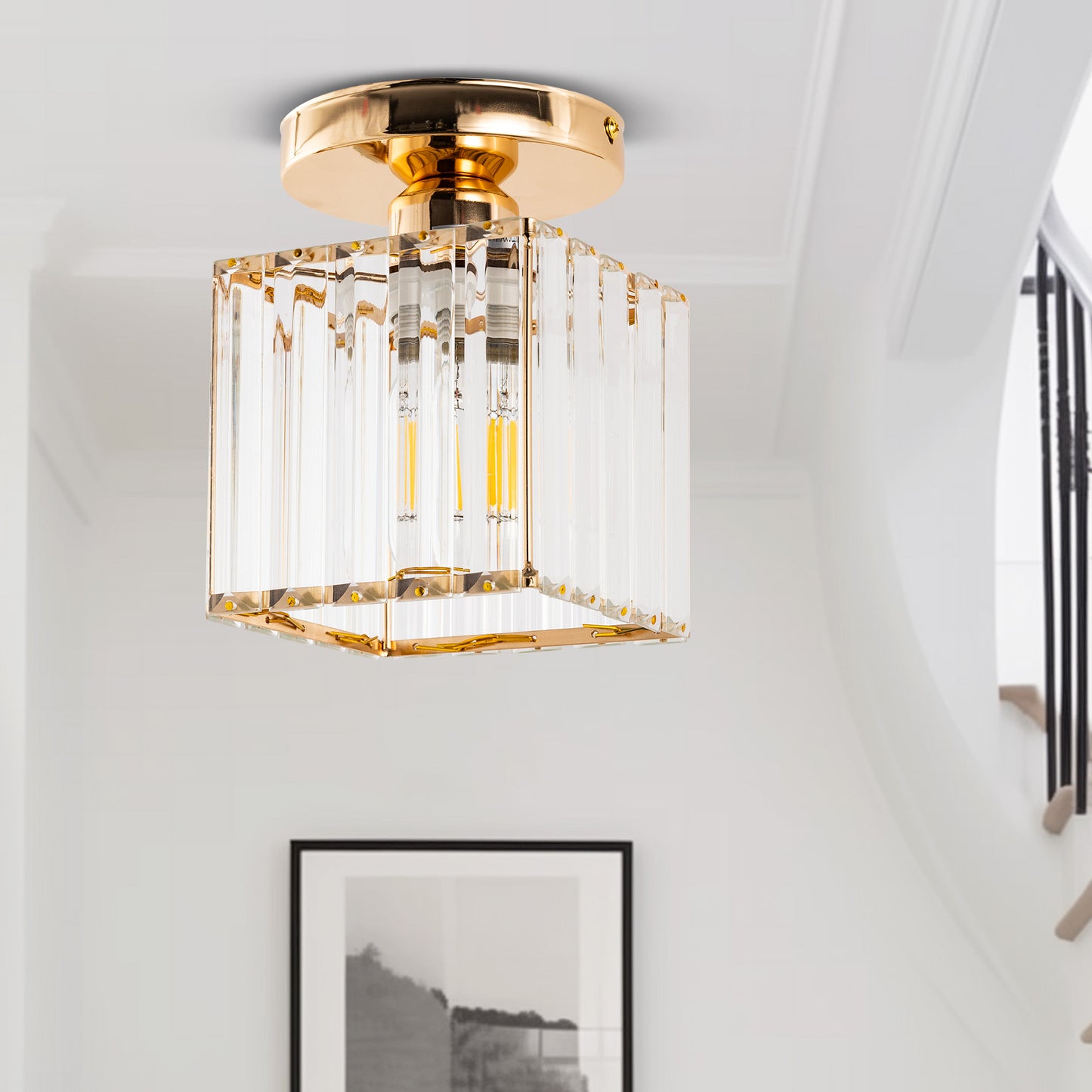 5.5 in. 1-Light Gold Square Crystal Semi Flush Mount Ceiling Light for Foyer Closet Entryway Kitchen Bedroom Dining Room
