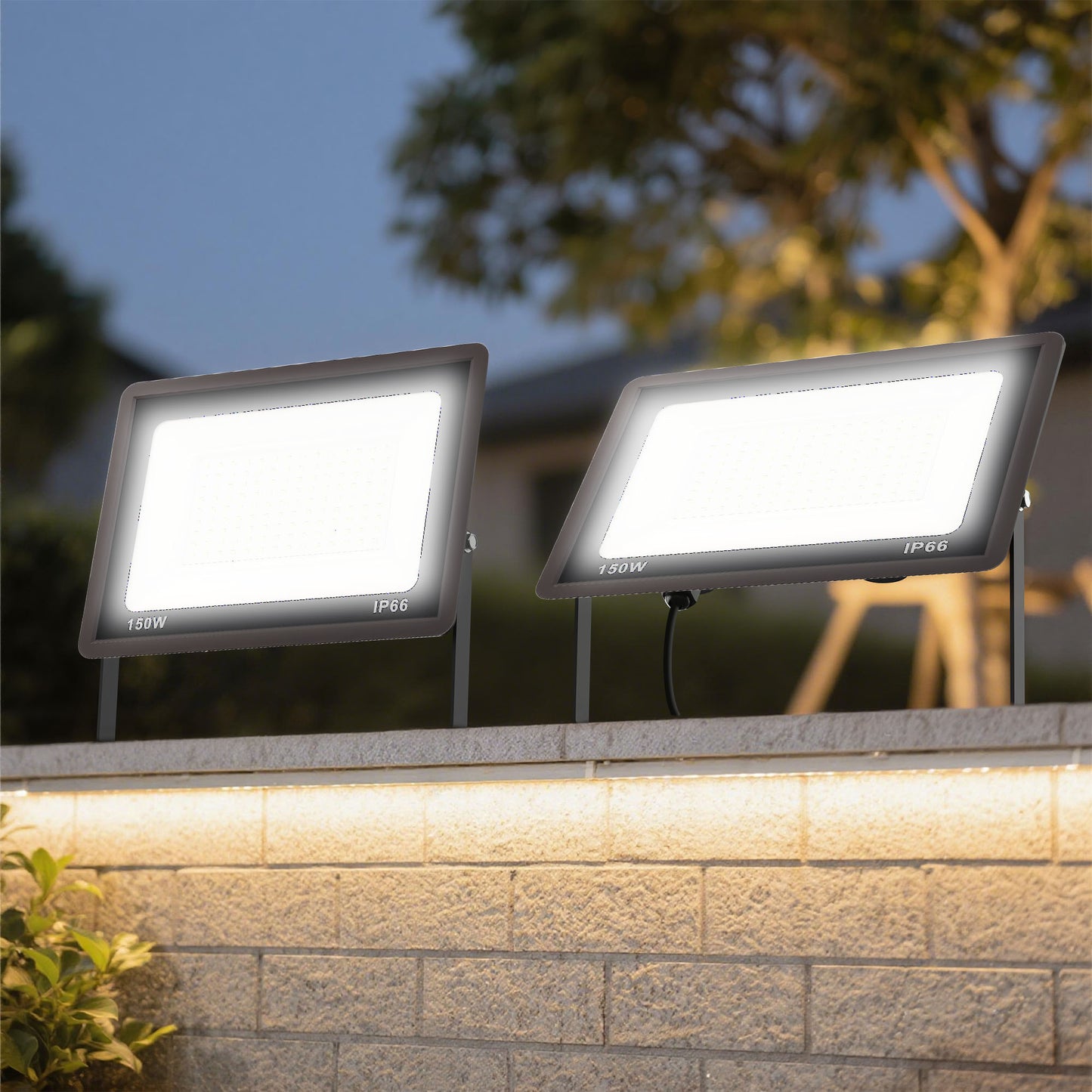 YANSUN 2-Pack LED Dusk to Dawn Flood Lights Outdoor 53.4W 3836LM Plug-in Security Spotlights IP66 Waterproof 6354K White Light
