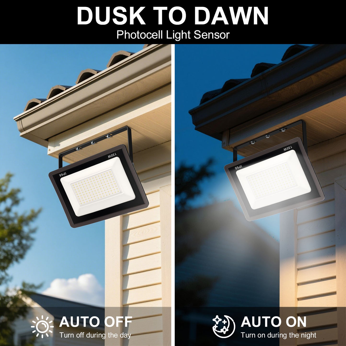 YANSUN 2-Pack LED Dusk to Dawn Flood Lights Outdoor 53.4W 3836LM Plug-in Security Spotlights IP66 Waterproof 6354K White Light
