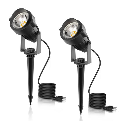 YANSUN 2-Pack Dusk-to-Dawn Outdoor LED Spotlights - IP66 Waterproof 8.27in Stake, UL 3-Prong Cord, 5W 450LM 2700K Warm Glow for Yard