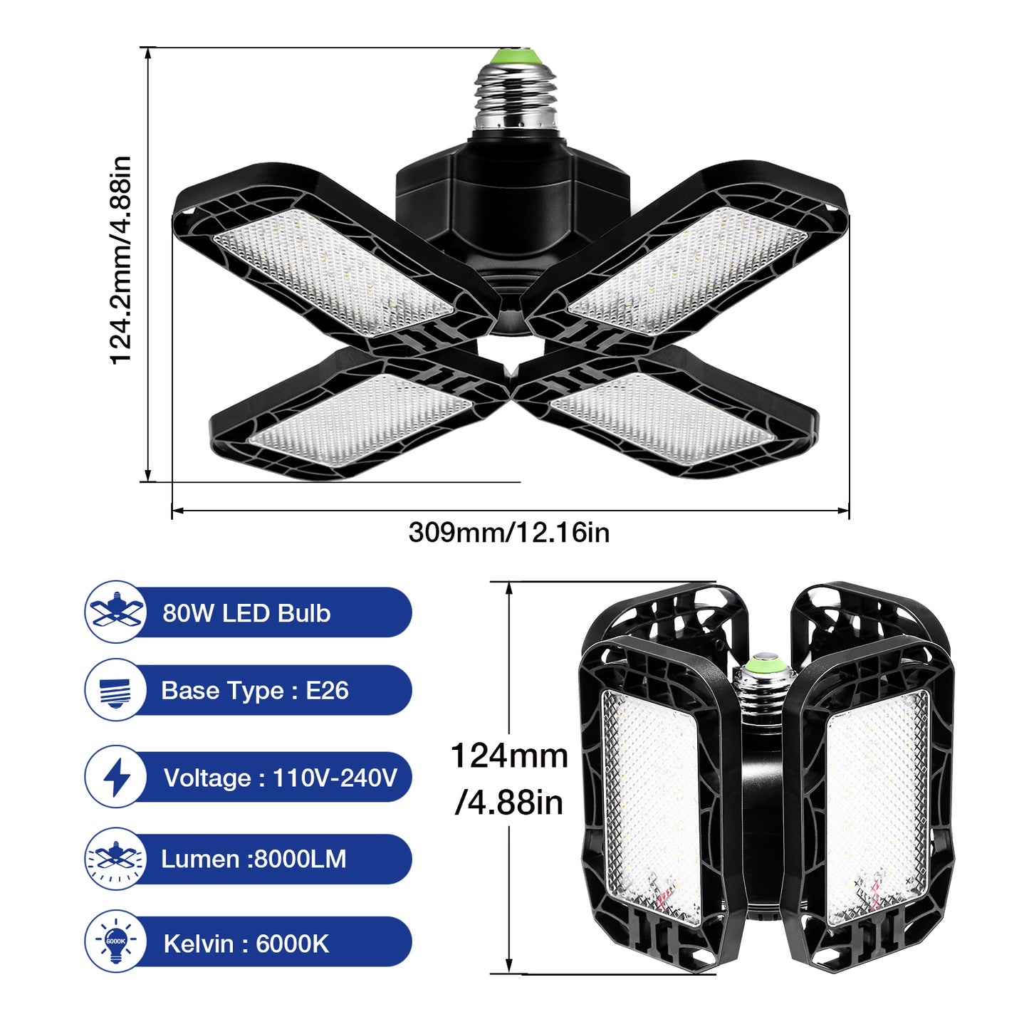 YANSUN 80W Deformable LED Garage Light, 12.16 in., Black, Smart Home Flush Mount, Bulb Included, 1-Pack