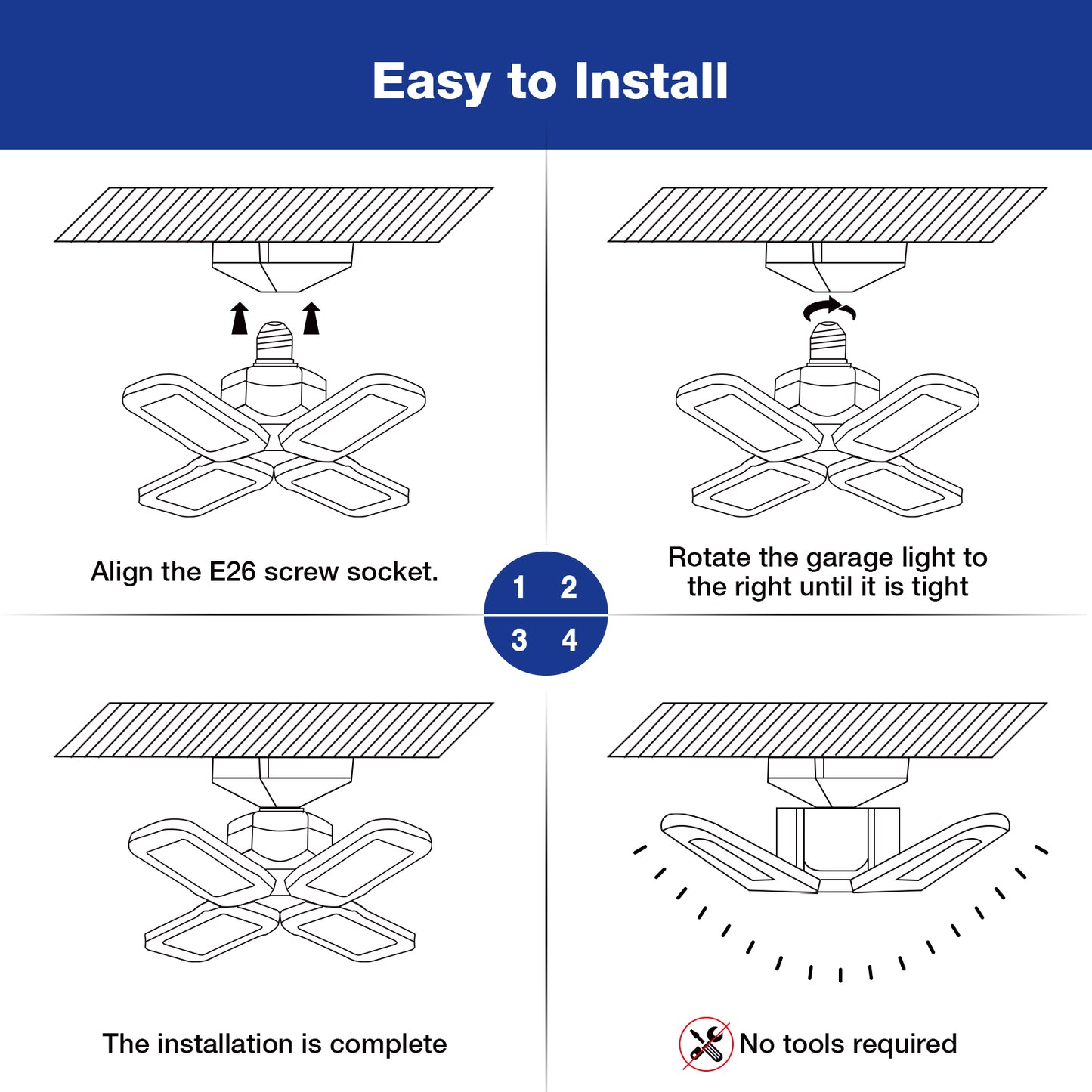 YANSUN 80W Deformable LED Garage Light, 12.16 in., Black, Smart Home Flush Mount, Bulb Included, 1-Pack