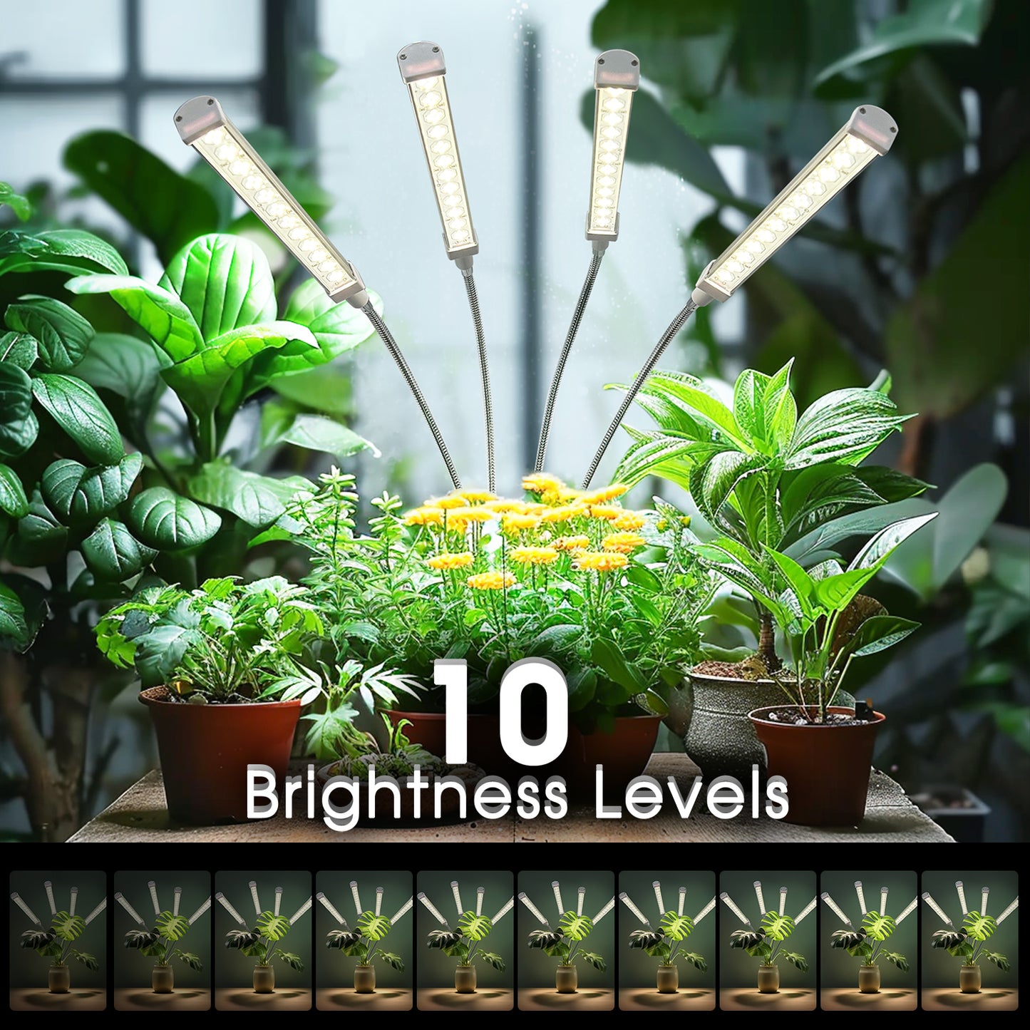 YANSUN 4-Head LED Grow Light with Clip, 192 LEDs, 10-Level Dimmable, 24H Timer, Full Spectrum 3500K, Indoor Plant Light, US Plug