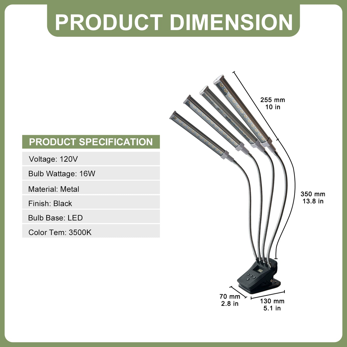 YANSUN 4-Head LED Grow Light with Clip, 192 LEDs, 10-Level Dimmable, 24H Timer, Full Spectrum 3500K, Indoor Plant Light, US Plug