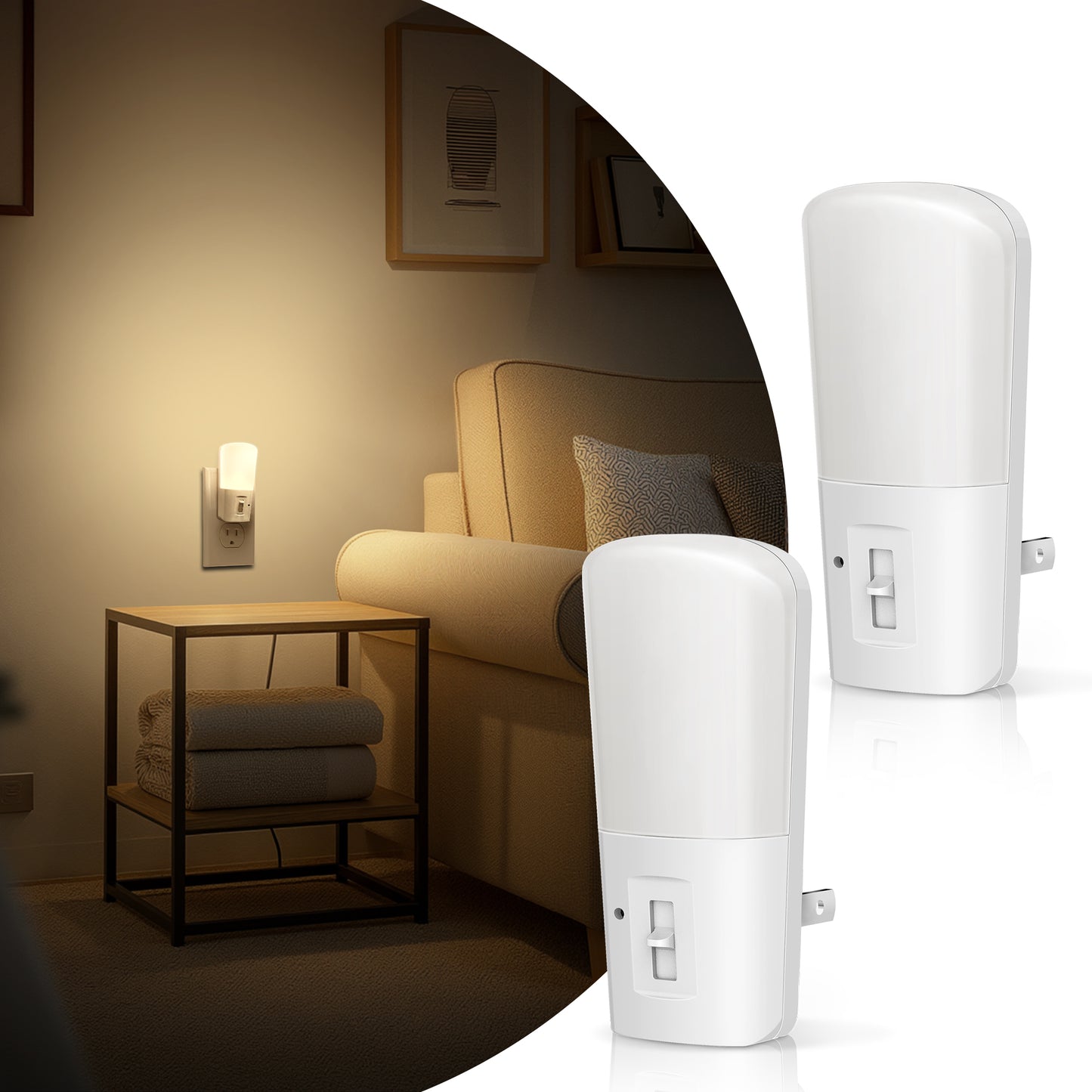 YANSUN 1-Watt Vertical Integrated LED Light Sensor Plug-in Night Light, Warm White 3000K, White, 2-Pack