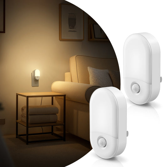 YANSUN 0.6W Plug-In Motion Sensor Night Light with 3000K Warm Light and Adjustable Brightness, Horizontal Style, 2-Pack