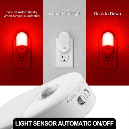 YANSUN 0.6-Watt Plug-In Motion Sensor Night Light with Red LED, Dual Brightness, White Shell, 2-Pack for Bedroom