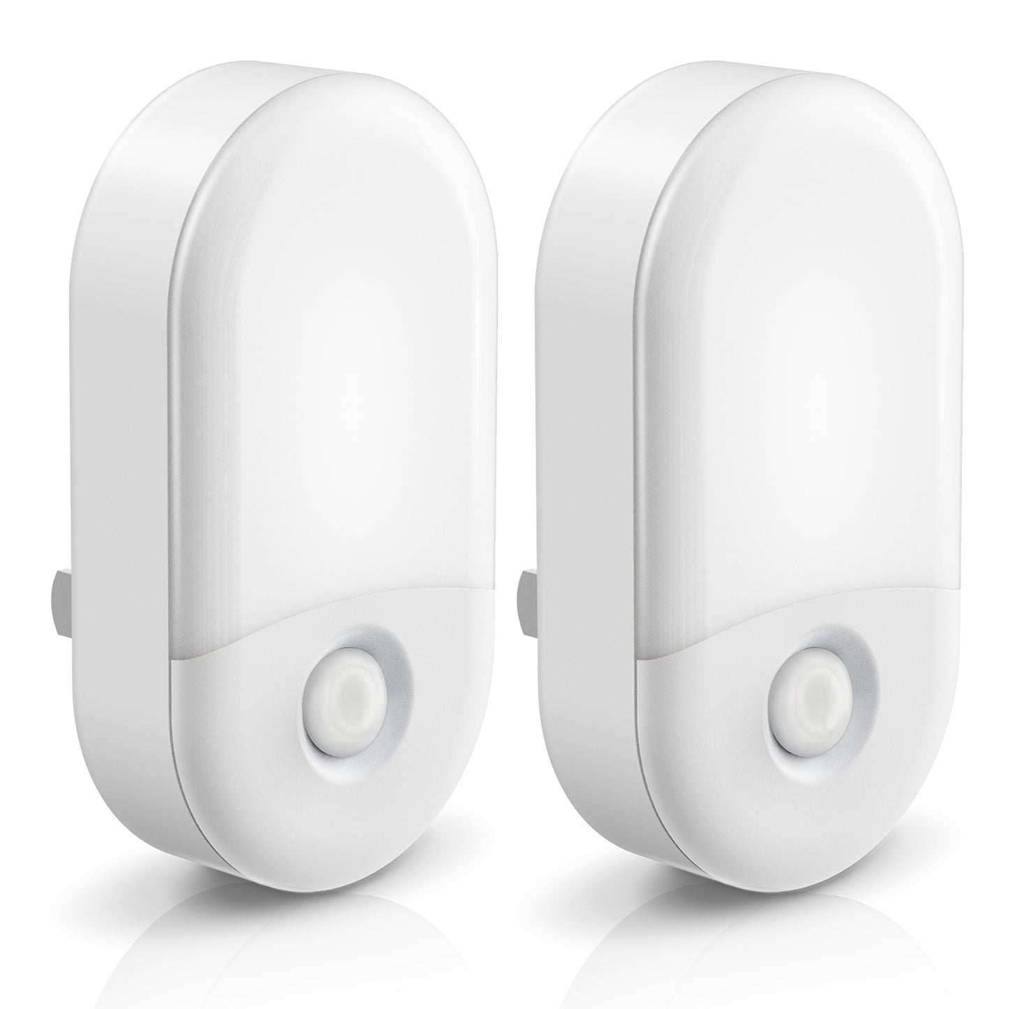 YANSUN 2-Pack 0.6W Plug-In LED Night Light with Horizontal Semi-Glow Shade, White Base, Two-Level Dim Switch 50%/100%, Warm 3000K