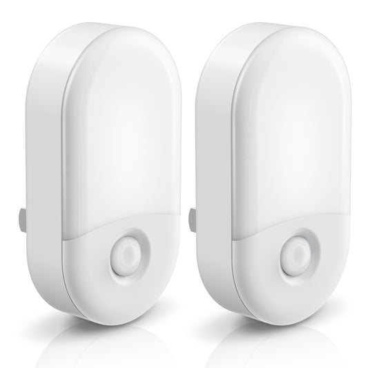 YANSUN 2-Pack 0.6W Plug-In LED Night Light with Horizontal Semi-Glow Shade, White Base, Two-Level Dim Switch 50%/100%, Warm 3000K