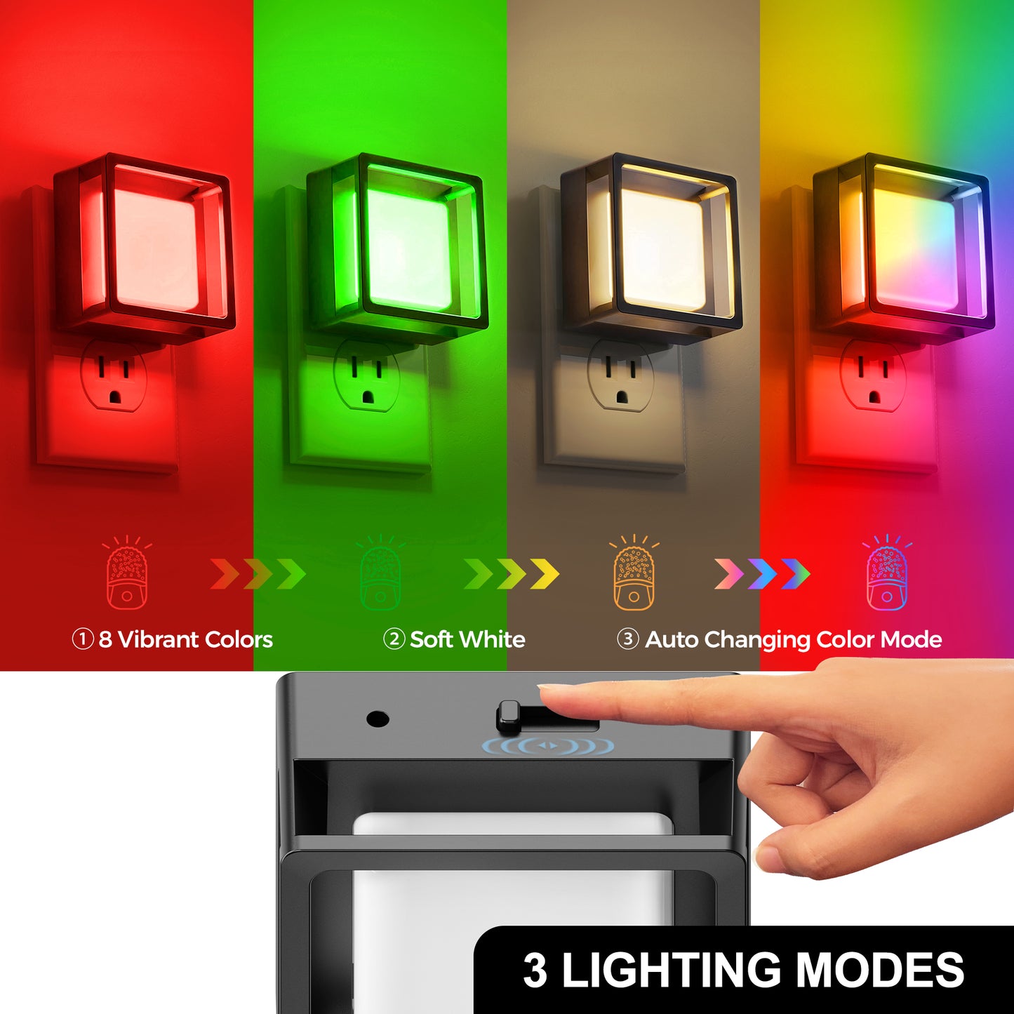 YANSUN 2-Pack Plug-in Night Light, Dusk to Dawn Sensor, 1W LED Night Light with RGB Color Change, Black