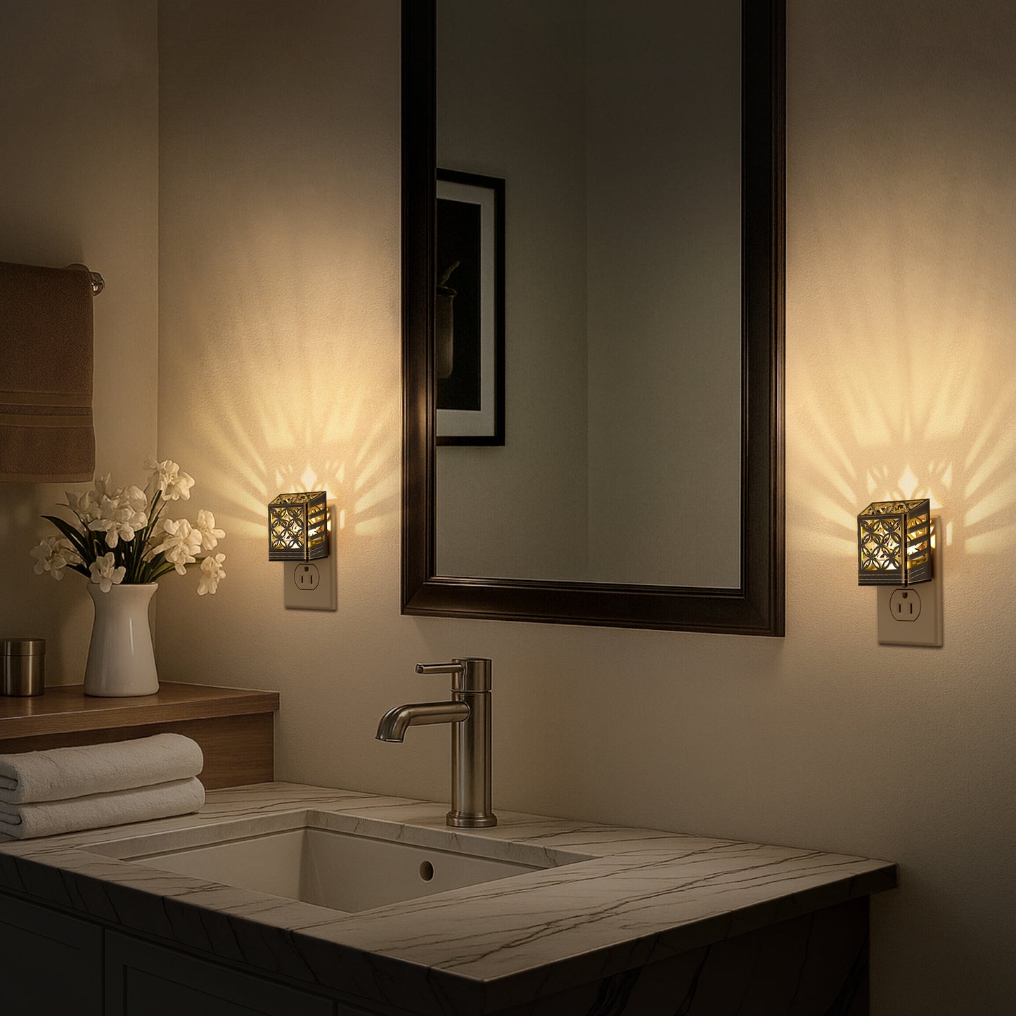 YANSUN 2-Pack 0.5W Plug-in Light Control Night Light, Solar-Powered Style, 3000K Warm Light, Dimmable (5%-100%), US Plug