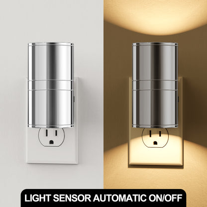 YANSUN 1W Dusk to Dawn Plug-in Night Light Metal Cylinder 3000K Warm White Dimmable LED Night Light with Chrome Finish for Bedroom Hallway Bathroom