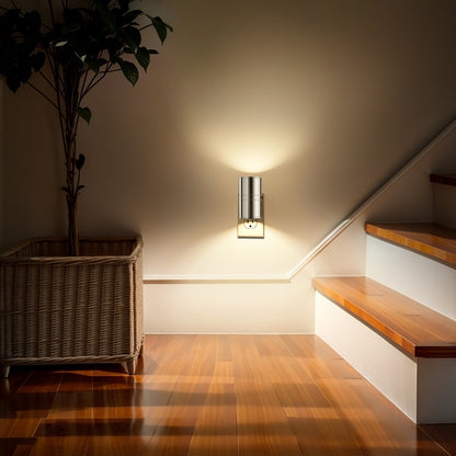 YANSUN 1W Dusk to Dawn Plug-in Night Light Metal Cylinder 3000K Warm White Dimmable LED Night Light with Chrome Finish for Bedroom Hallway Bathroom