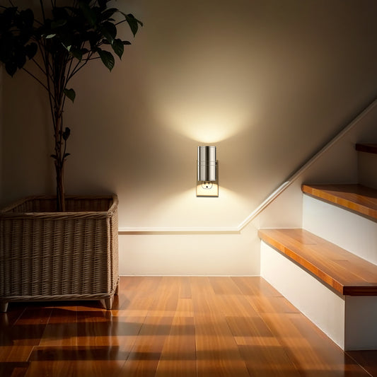 YANSUN 1W Dusk to Dawn Plug-in Night Light Metal Cylinder 3000K Warm White Dimmable LED Night Light with Chrome Finish for Bedroom Hallway Bathroom