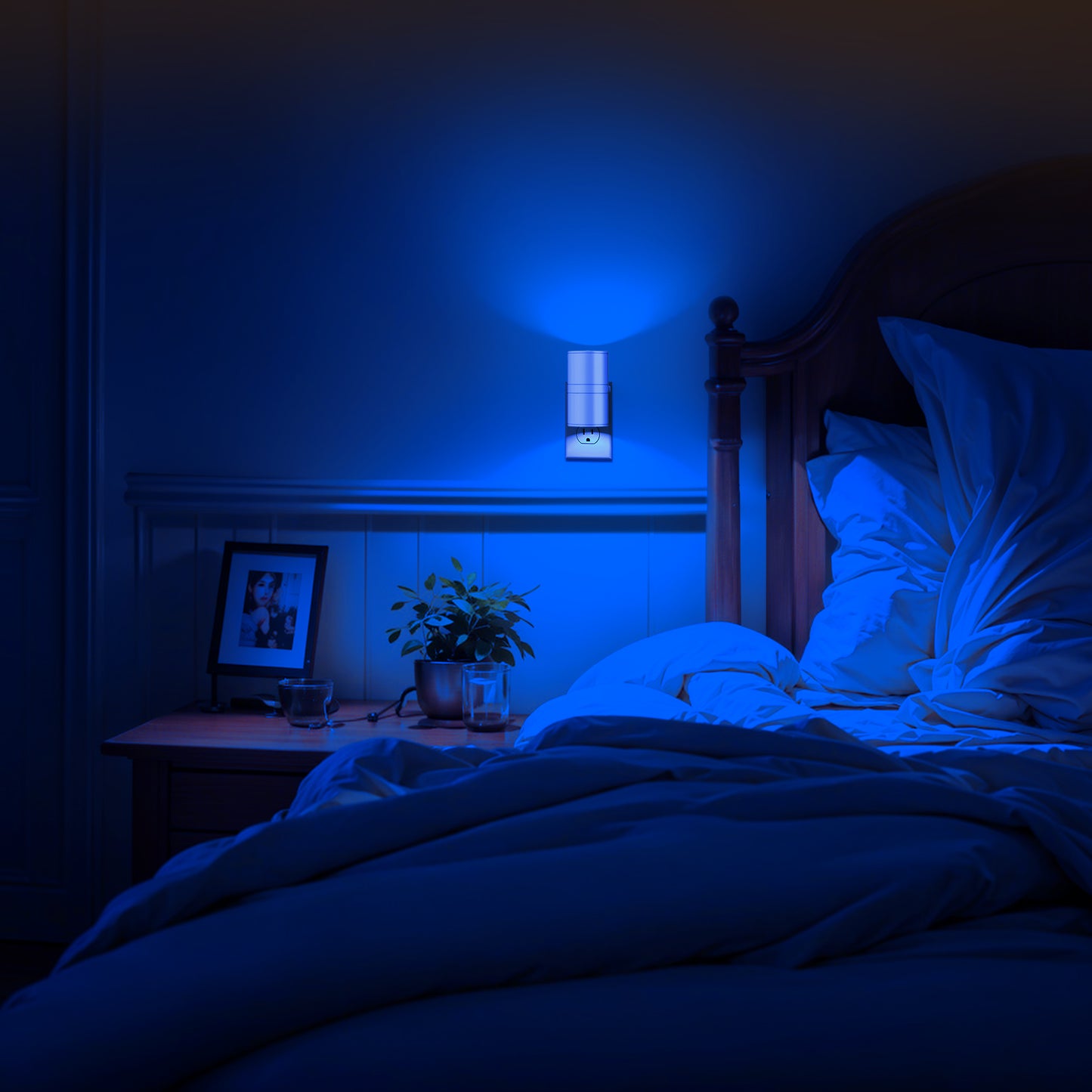 YANSUN 1-Watt Integrated LED Plug-In Night Light, Blue Glow, Dimmable, Light Sensor, 2-Pack for Bedroom or Hallway
