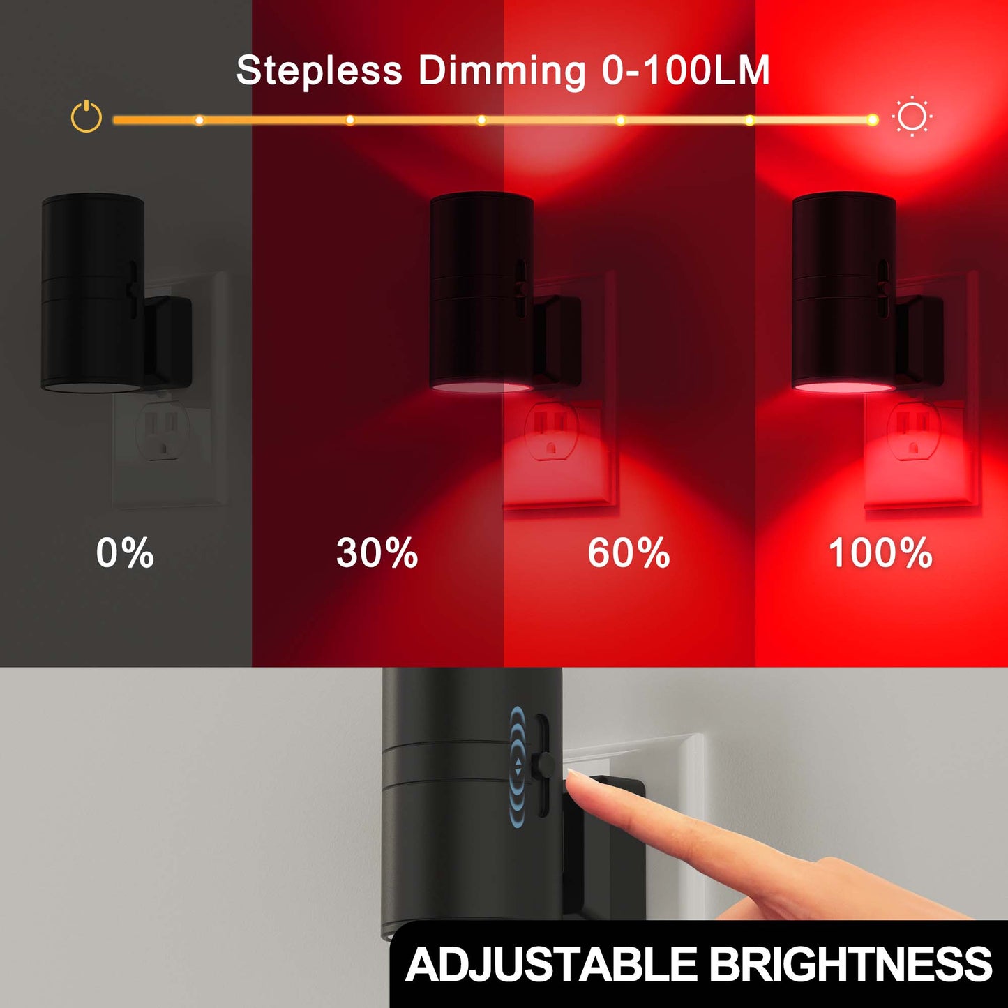 YANSUN 2-Pack 1W Plug-in Light Control Night Light, Red Light with White PC Shade, Dimmable 0%-100%, Black Finish, US Plug