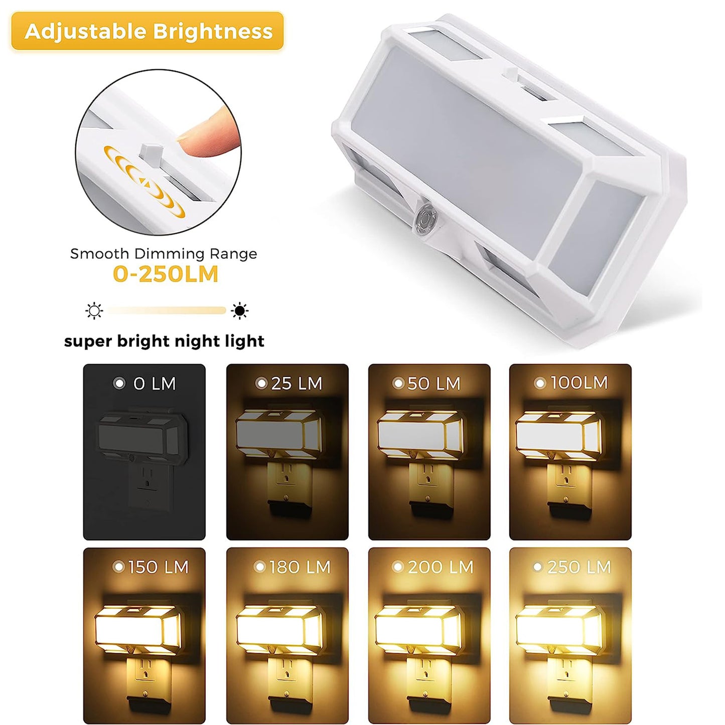 YANSUN 1.5W Plug-In Dusk to Dawn Night Light, Solar-Style Wall Light, White Housing, Warm 3000K LED, Slide Dimmer, US 2-Prong Plug