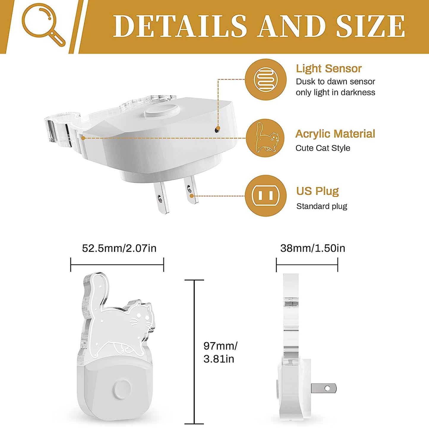 YANSUN 2-Pack 0.5W Plug-in Light Control Night Light, Cute Fat Cat Acrylic Design, White Finish, 3000K Warm + RGB, Touch Color Change, US Plug
