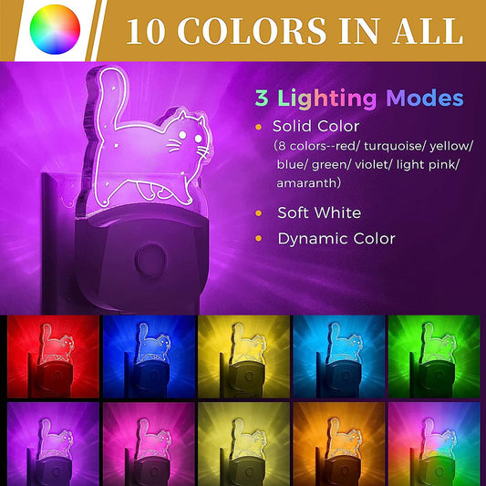 YANSUN 2-Pack 0.5W Plug-in Light Control Night Light, Cute Fat Cat Acrylic Design, White Finish, 3000K Warm + RGB, Touch Color Change, US Plug
