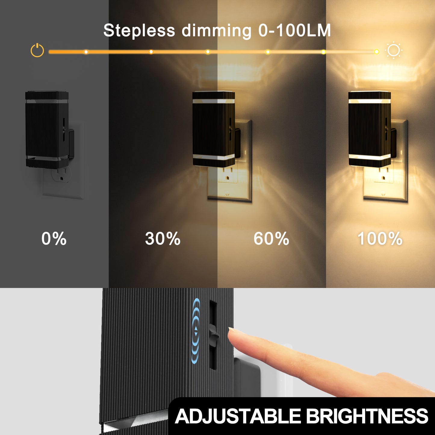 YANSUN 2-Pack 1W Plug-in Motion-Control Night Lights, Warm White 3000K, Sliding Dimming 0%-100%, Black Housing