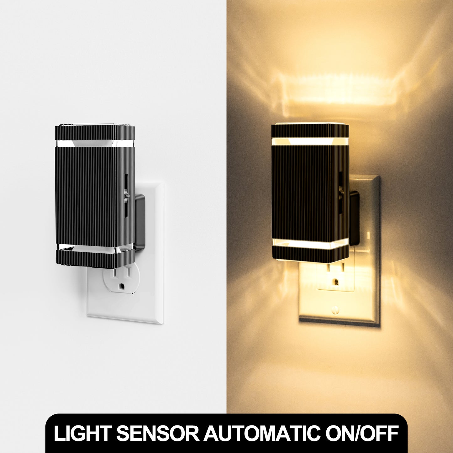 YANSUN 2-Pack 1W Plug-in Motion-Control Night Lights, Warm White 3000K, Sliding Dimming 0%-100%, Black Housing