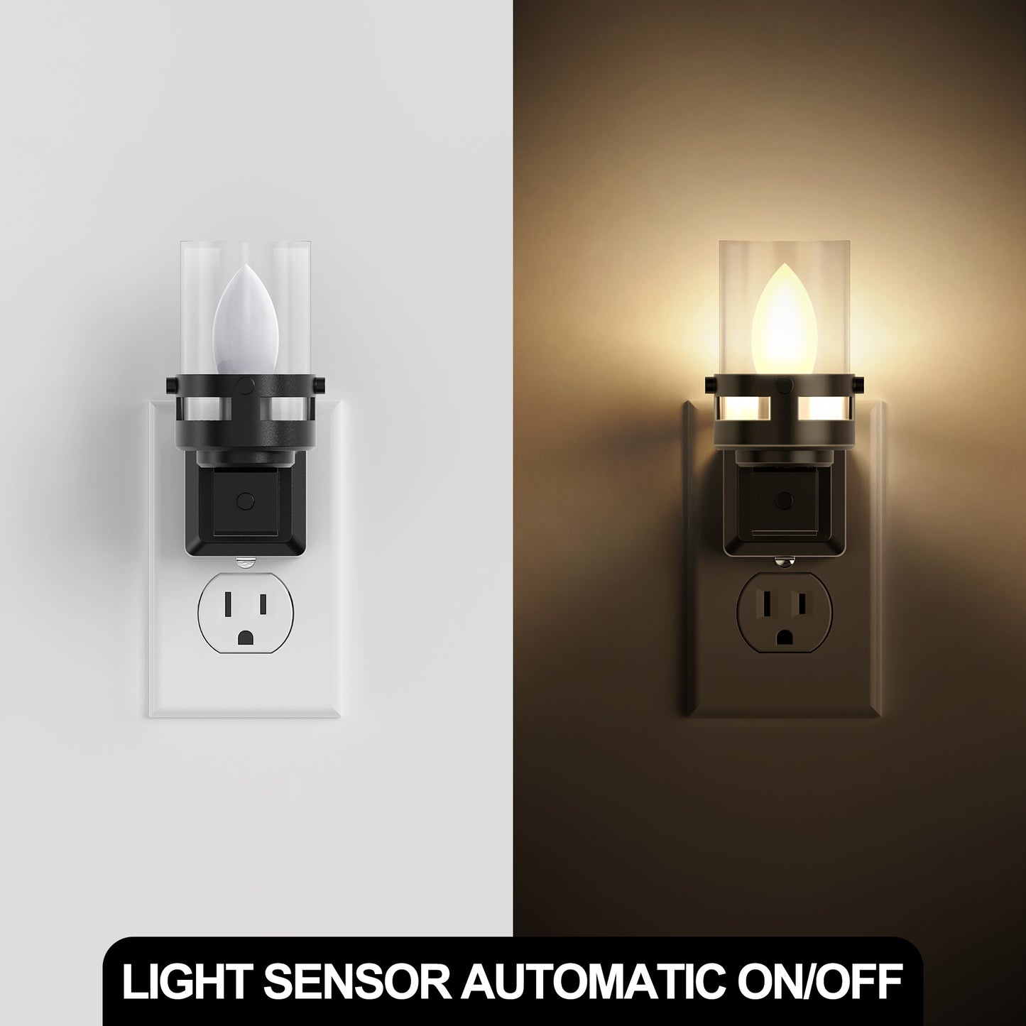 YANSUN 2-Pack 0.6W Plug-in Candle Night Lights, Black Wood Grain, Warm White 3000K, Adjustable C7 LED Filament