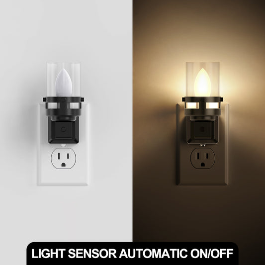 YANSUN 2-Pack 0.6W Plug-in Candle Night Lights, Black Wood Grain, Warm White 3000K, Adjustable C7 LED Filament
