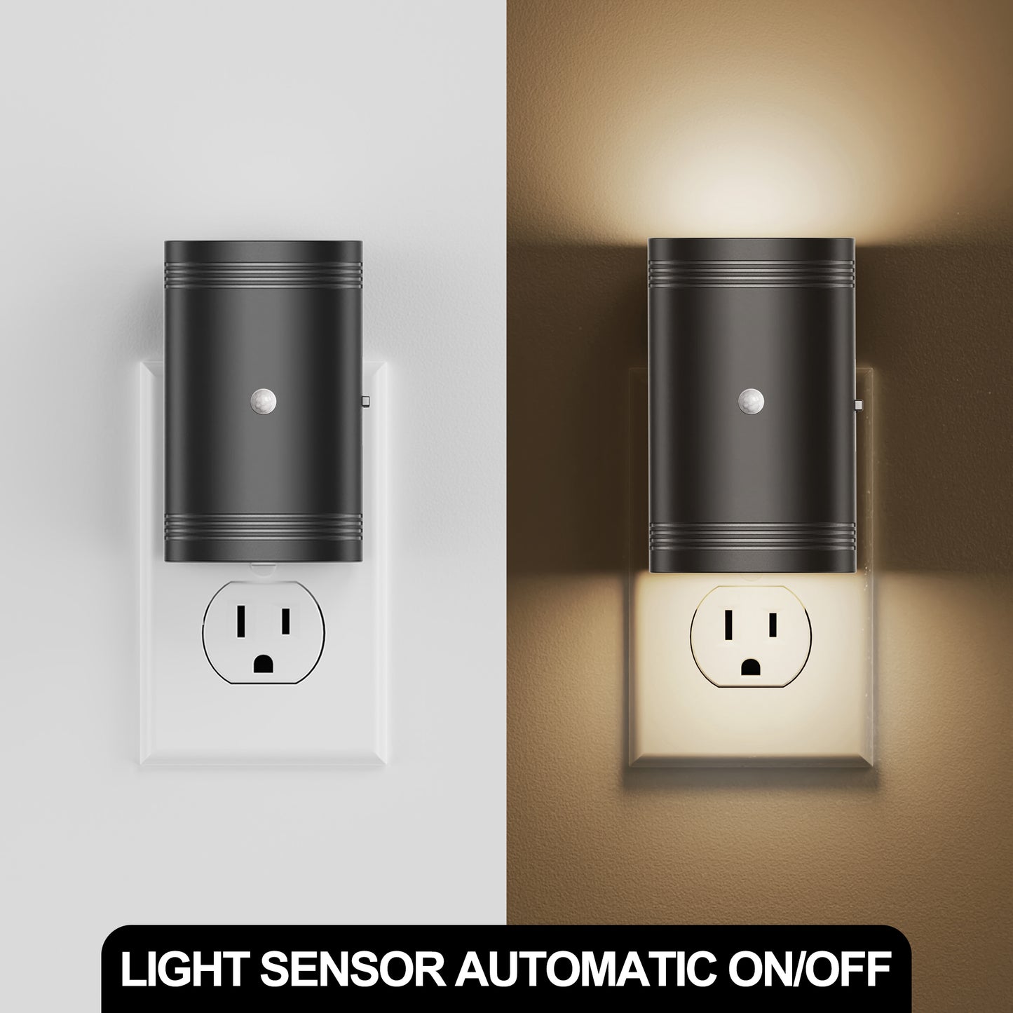 YANSUN 2-Pack 1W Black Half-Moon Plug-In Night Lights with Motion Sensor and Sliding Dimming, Warm 3000K, US Standard