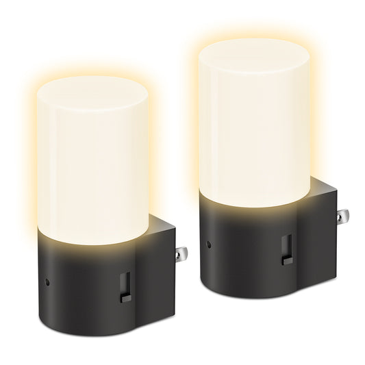 YANSUN 2-Pack 1W Black Cylinder Plug-In Light Sensor Night Lights with Sliding Dimming, Warm 3000K for Bedroom