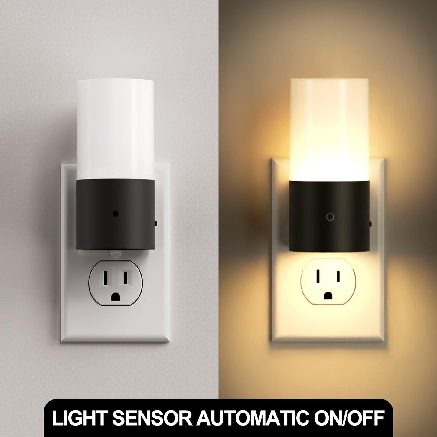 YANSUN 2-Pack 1W Black Cylinder Plug-In Light Sensor Night Lights with Sliding Dimming, Warm 3000K for Bedroom