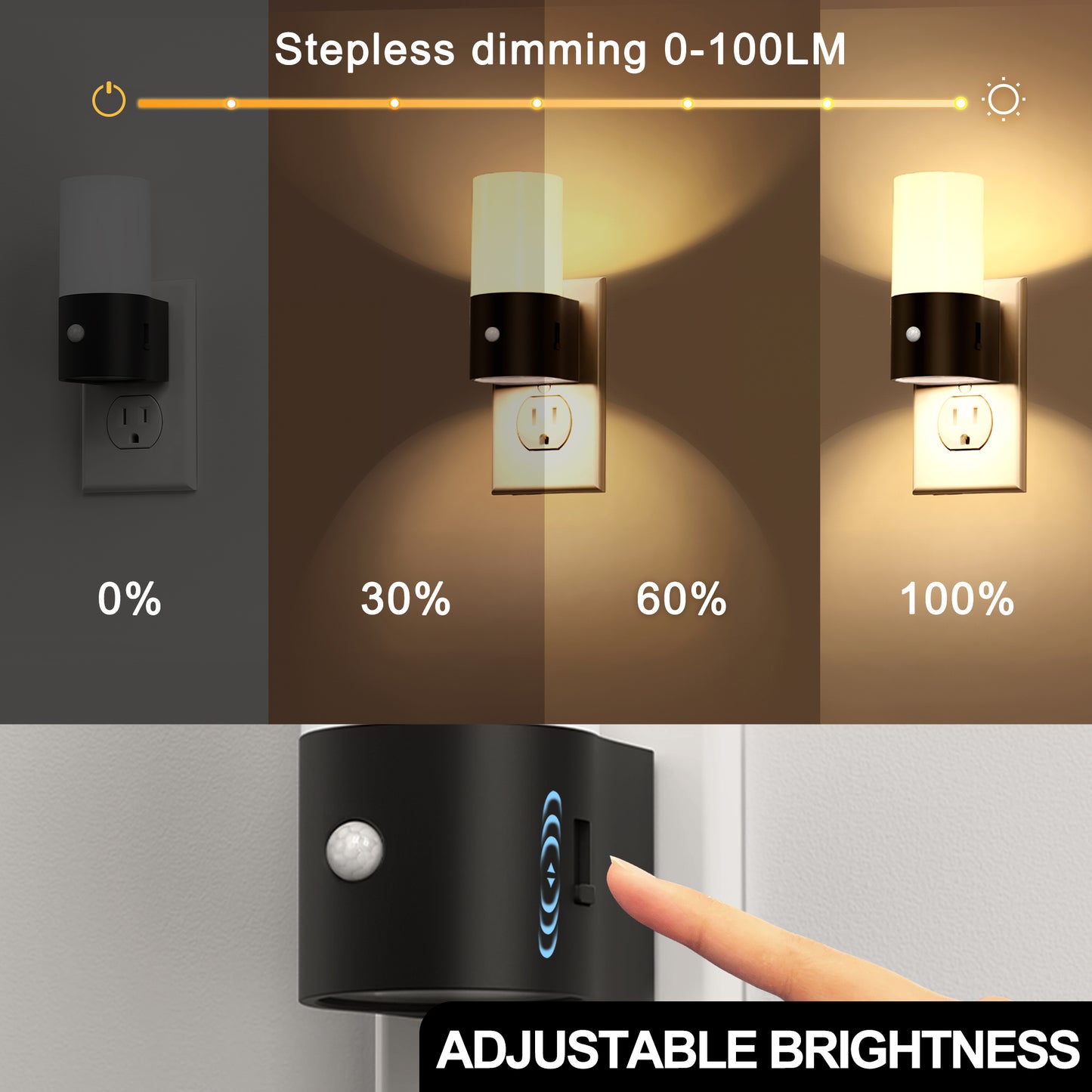 YANSUN 2-Pack Plug-in Black Motion Sensor Night Light with Slide Dimming, Cylinder Glow Cover and 3000K Warm Light