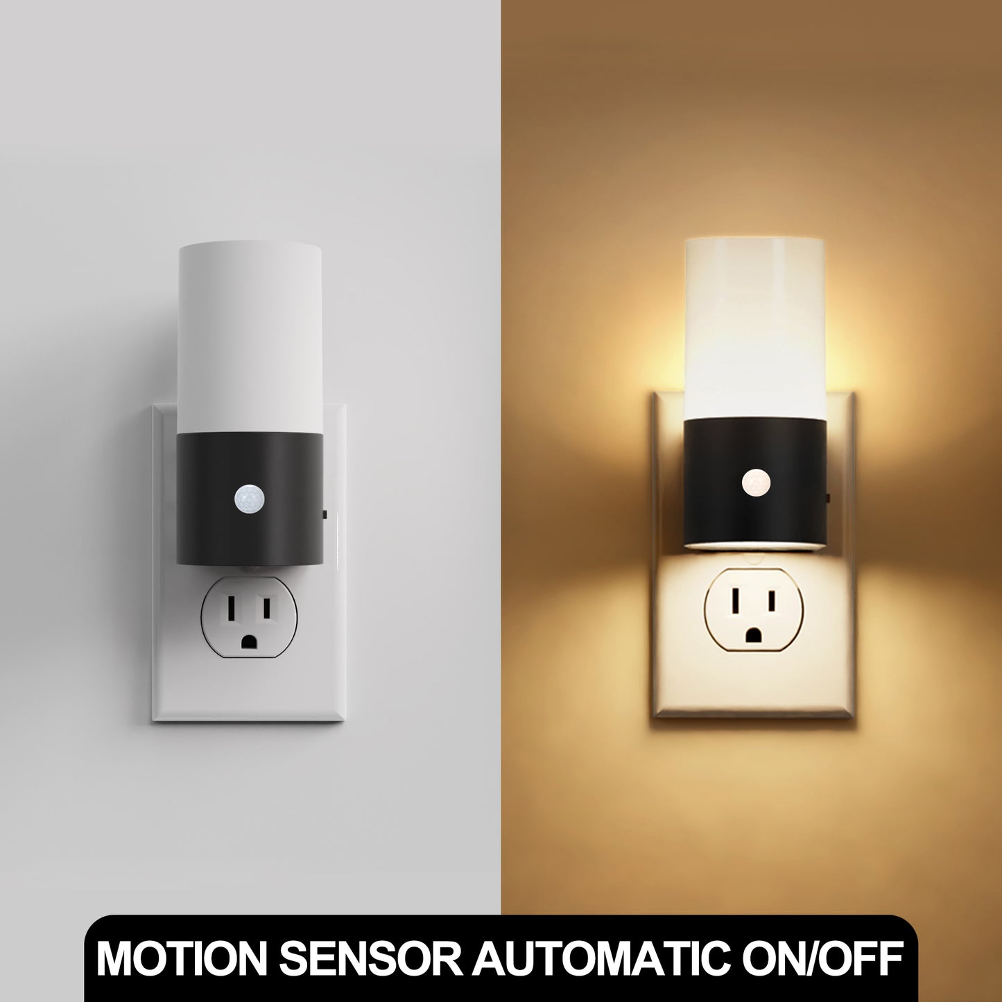 YANSUN 2-Pack Plug-in Black Motion Sensor Night Light with Slide Dimming, Cylinder Glow Cover and 3000K Warm Light