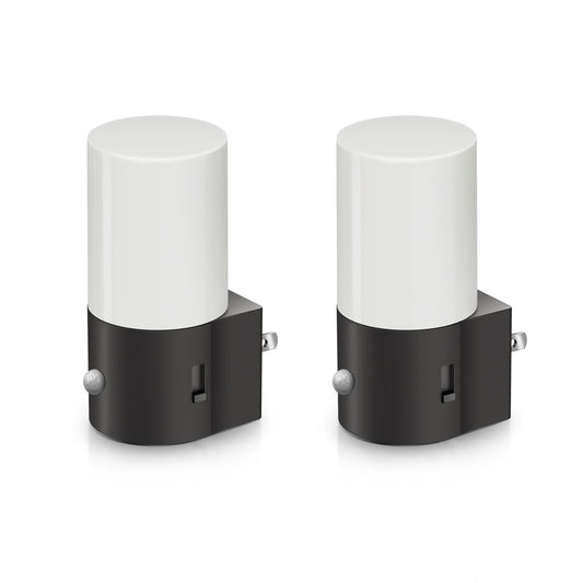 YANSUN 2-Pack Plug-in Black Motion Sensor Night Light with Slide Dimming, Cylinder Glow Cover and 3000K Warm Light