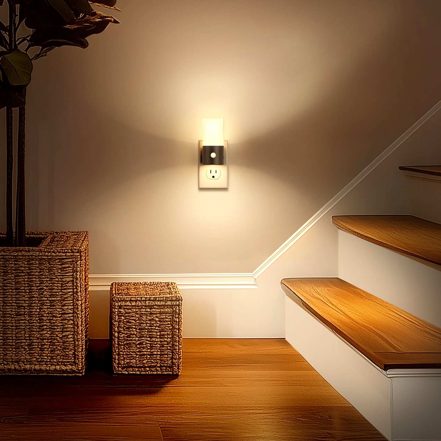 YANSUN 2-Pack Plug-in Black Motion Sensor Night Light with Slide Dimming, Cylinder Glow Cover and 3000K Warm Light