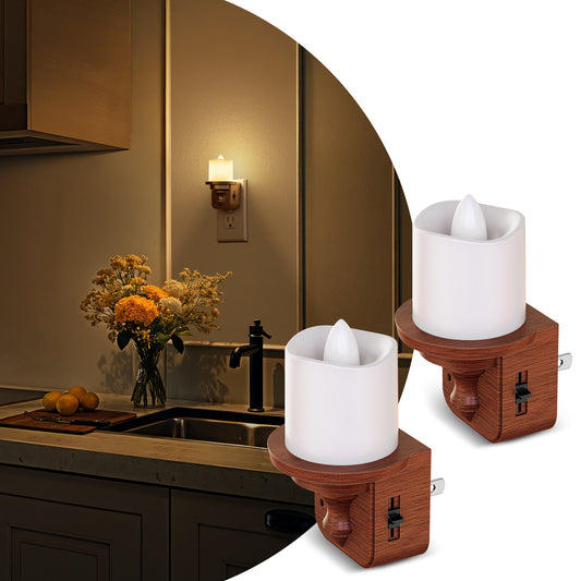 YANSUN 2-Pack Candle Night Light Wood Grain Finish Dimmable Warm 2700K US Plug
