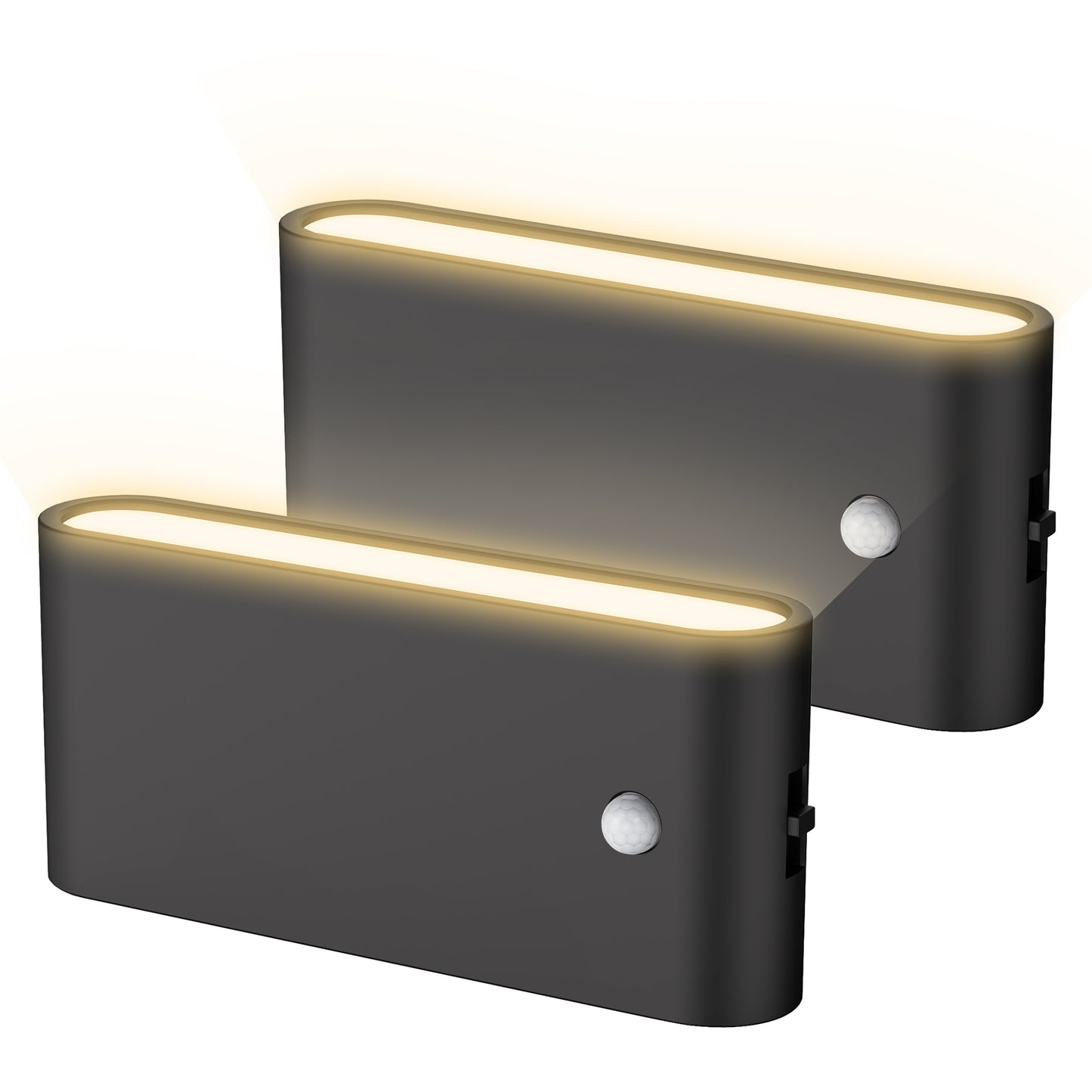 YANSUN 2-Pack 1W Black Plug-In Motion Sensor Night Lights, Horizontal Cylinder Wall Lamp, Sliding Dimming, Warm 3000K