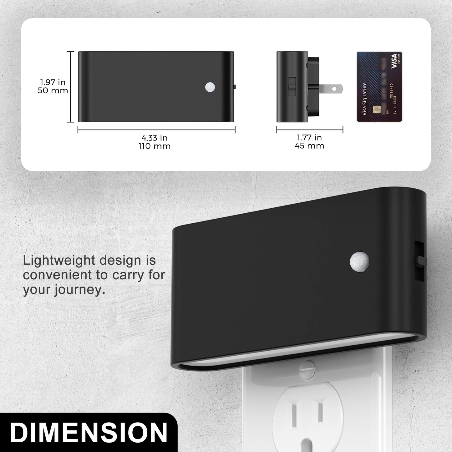 YANSUN 2-Pack 1W Black Plug-In Motion Sensor Night Lights, Horizontal Cylinder Wall Lamp, Sliding Dimming, Warm 3000K