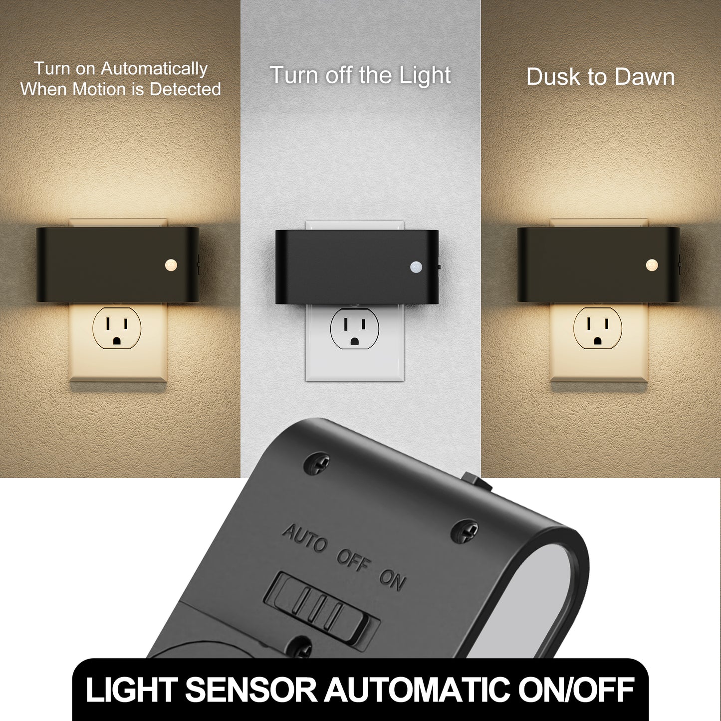 YANSUN 2-Pack 1W Black Plug-In Motion Sensor Night Lights, Horizontal Cylinder Wall Lamp, Sliding Dimming, Warm 3000K