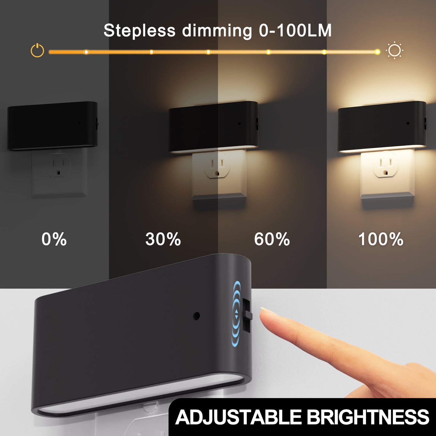 YANSUN 2-Pack 1W Plug-in Dimmable Night Lights with Auto Light Control, Up and Down Lighting, Wall Sconce Style, Black Finish