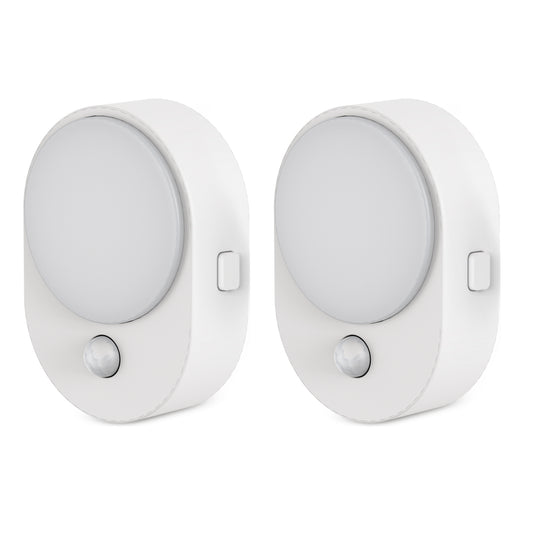 YANSUN 2-Pack 0.6W Plug-In Motion Sensor Night Lights, Oval Shape, White Housing, 5000K White Light, 3-Step Button Dimming (ON, OFF, AUTO), US Plug