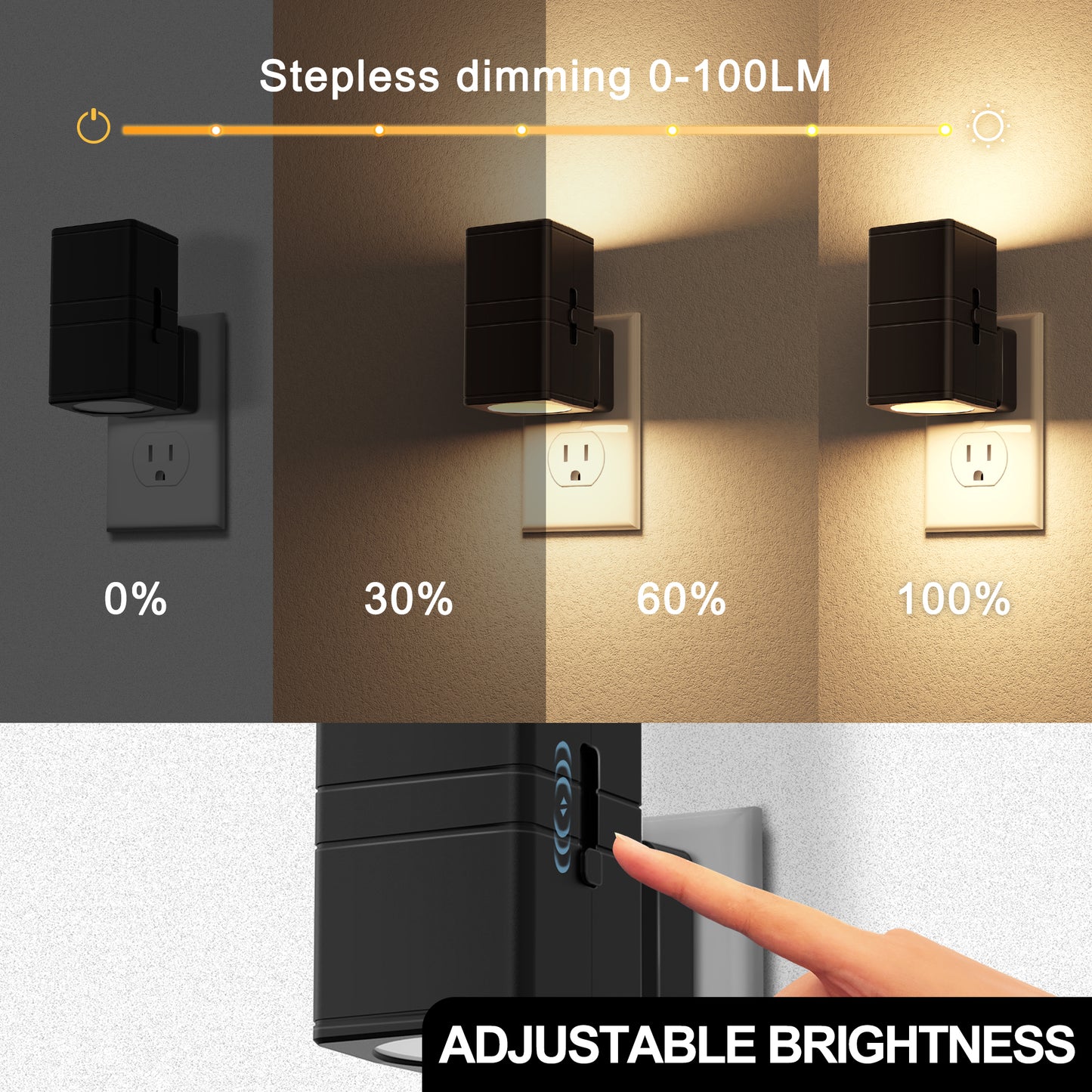 YANSUN 2-Pack 1W Black Plug-In Light-Control Night Lights, Square Cylinder Wall Lamp, Sliding Dimming, Warm 3000K