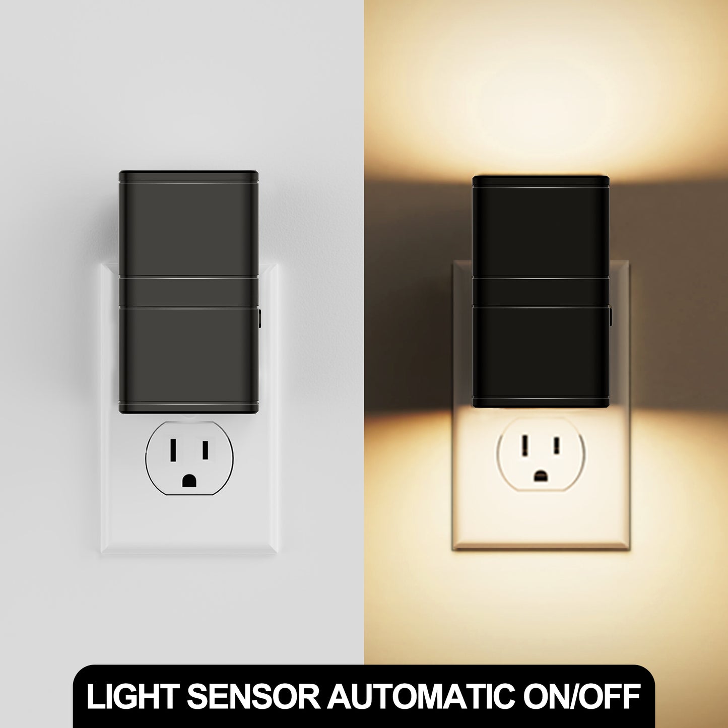 YANSUN 2-Pack 1W Black Plug-In Light-Control Night Lights, Square Cylinder Wall Lamp, Sliding Dimming, Warm 3000K