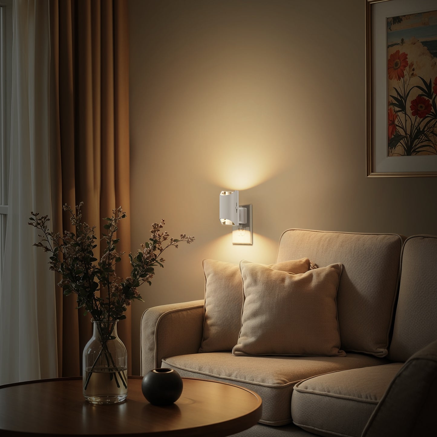 YANSUN 2-Pack 1W White Plug-In Night Lights, Cylindrical Up-Down Wall Lamps, Sliding Dimming, Warm 3000K