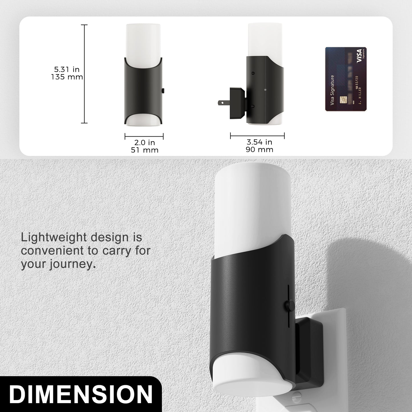 YANSUN 2-Pack 1W Black Plug-In Night Lights, Cylindrical Up-Down Wall Lamps with Frosted Long & Short Shades, Sliding Dimming, Warm 3000K