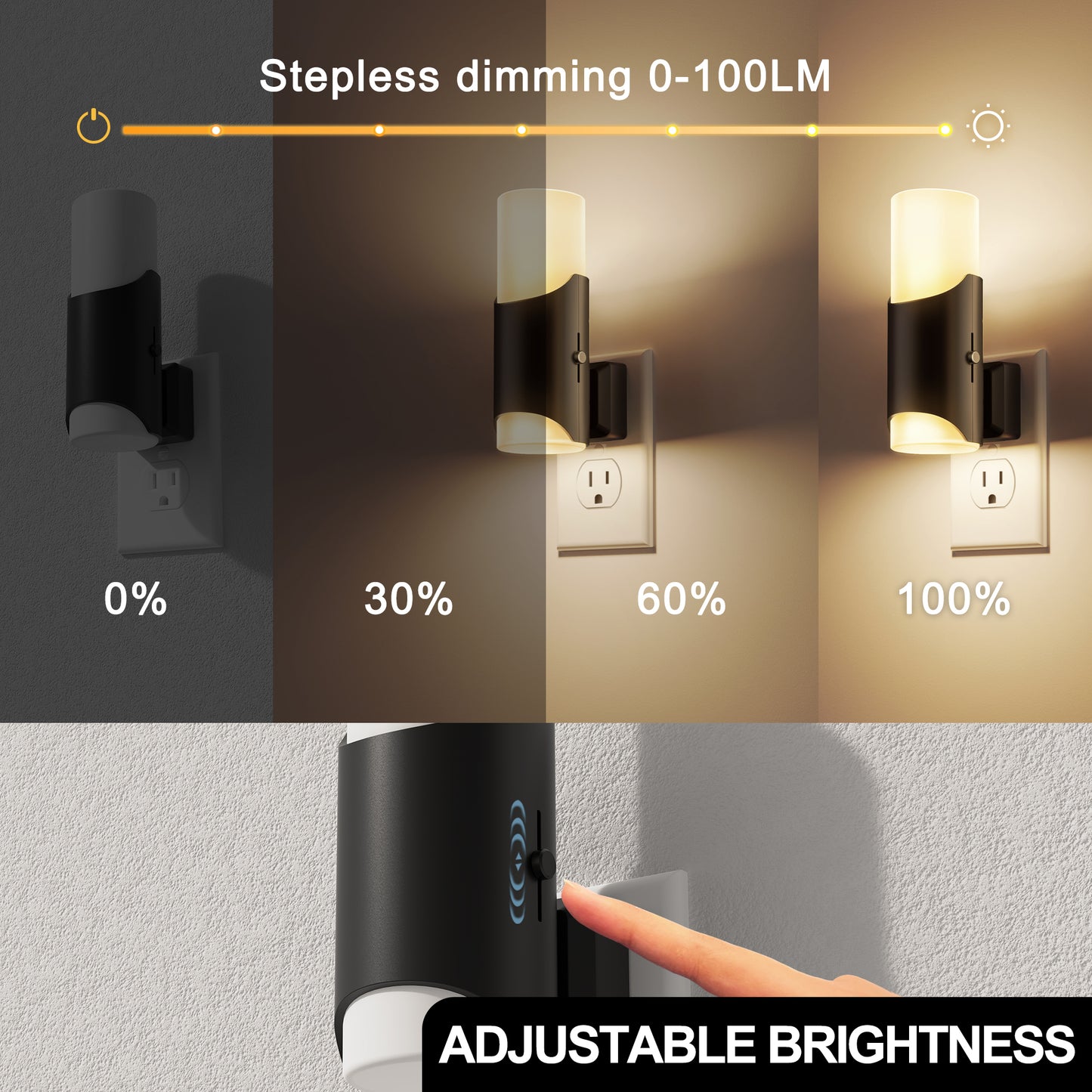 YANSUN 2-Pack 1W Black Plug-In Night Lights, Cylindrical Up-Down Wall Lamps with Frosted Long & Short Shades, Sliding Dimming, Warm 3000K